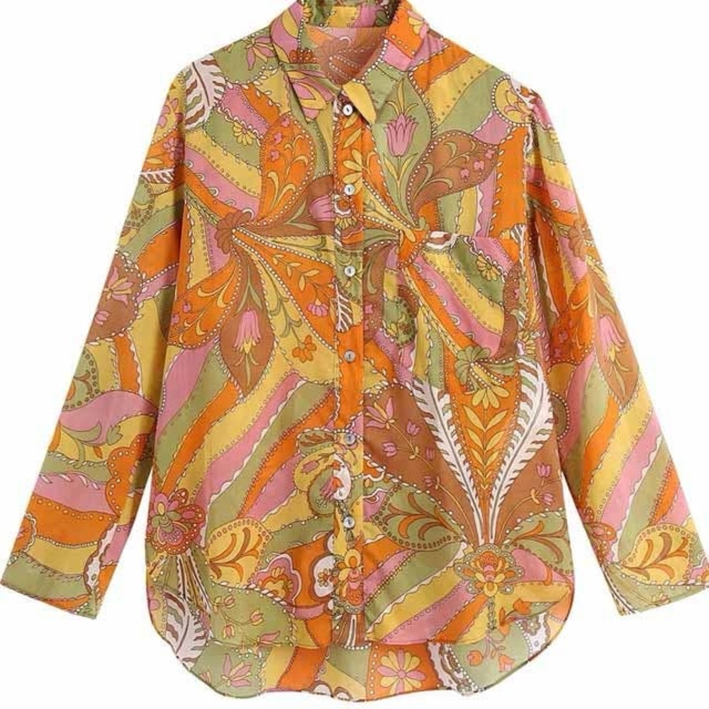 Zara Printed Button Up Cotton Shirt Sz Medium - Picture 2 of 11